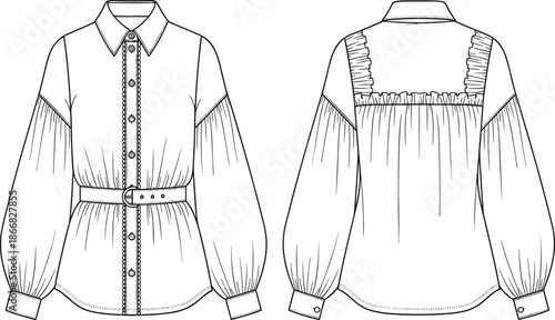 Women belted blouse technical fashion flat sketch front and back view long sleeve shirt apparel vector illustration cad drawing template