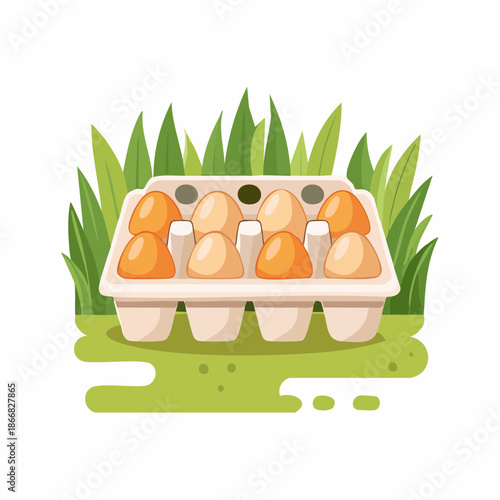 Fresh farm eggs in an eco-friendly cardboard carton, naturally displayed on lush green grass, symbolizing organic produce and healthy lifestyle choices for nutritious meals