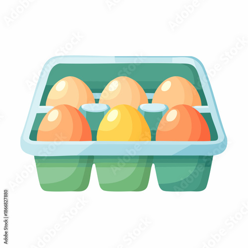Illustration of a carton containing six fresh eggs, with some yellow and brown shells, ready for breakfast or baking