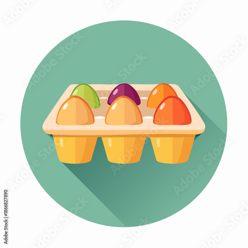 Colorful Easter eggs neatly arranged in a classic egg carton, ready for spring celebrations and festive holiday decorations. A vibrant symbol of renewal and joy