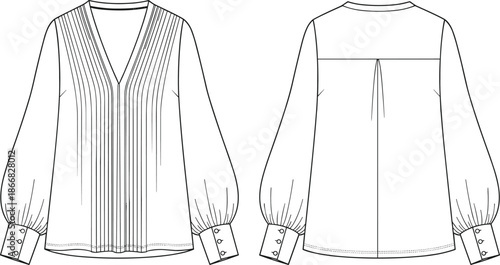 Women’s blouse fashion sketch, V-neckline, vertical pleats, gathered sleeve cuff, yoke pleat, front back view, cad drawing flat vector illustration