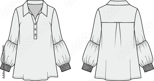 Women’s blouse fashion sketch, voluminous sleeve, button placket, yoke pleat, flared hem, front back view, cad drawing flat vector illustration