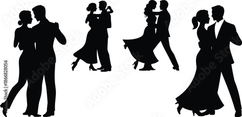 Ballroom dance couple vector illustration, romantic silhouette artwork, black and white formal pose, elegant movement graphic, dancing lovers clipart