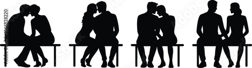 Couple bench silhouette vector illustration, romantic love pose artwork, black and white emotional design, intimate moment clipart, Valentine’s Day concept