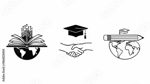 Educational icons representing global knowledge, academic achievement, and international collaboration through simple black and white illustrations