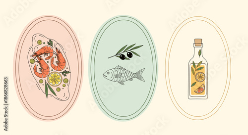 Mediterranean food collection featuring shrimp, fish, and olive oil in elegant oval frames with soft colors.