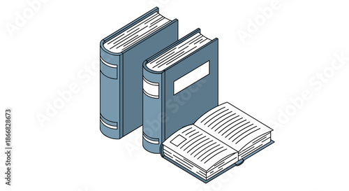Isometric illustration of three blue books with one open showing pages for education and reading concepts.