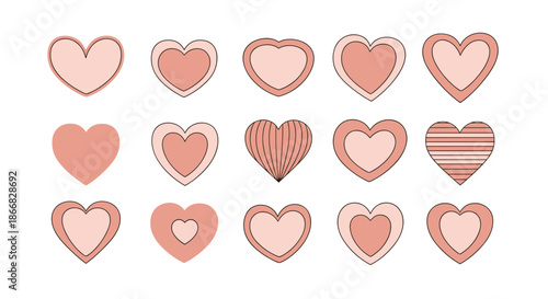 Large set of fifteen diverse pink heart designs featuring different layers, unique patterns, and romantic styles.