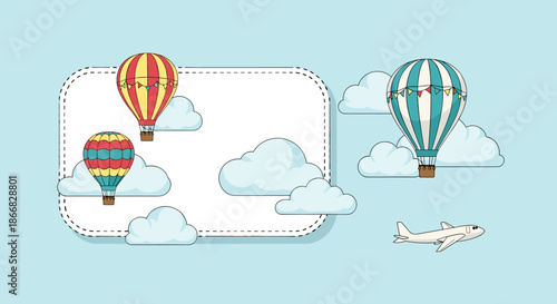 Whimsical sky scene featuring three colorful hot air balloons with flags and a white airplane flying among fluffy clouds.
