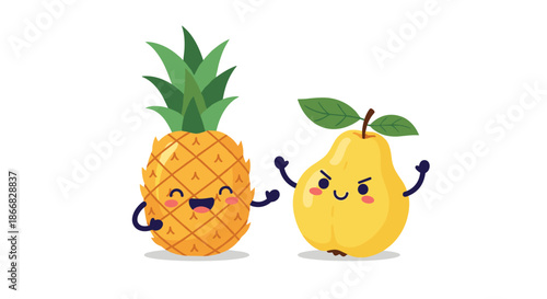 Charming illustration of a happy pineapple and a grumpy pear character interacting with their expressive faces.
