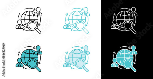 Global human resource search globe icon for international recruitment in line and fill style