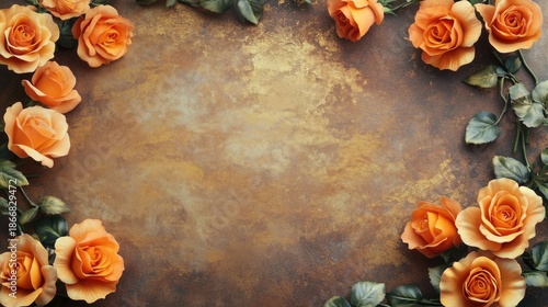 Elegant Floral Frame with Peach Roses and Earthy Brown Textured Background