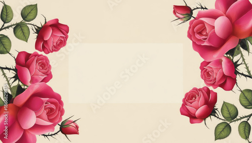 Elegant Floral Frame with Pink Roses and Copy Space, Perfect for Invitations and Greetings
