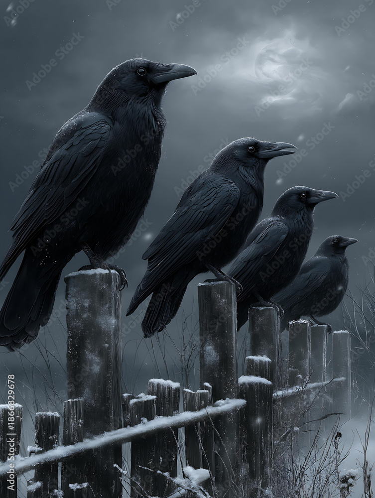 Obraz premium Eerie Raven & Crow Quartet: Haunting Monochrome Scene on a Snowy Wooden Fence - Twilight Sky and Folklore Elegance in Serene Natural Habitat