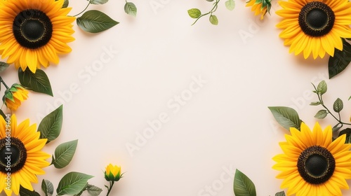 Elegant Floral Frame with Sunflowers and Leaves on Pale Background for Greetings and Invitations