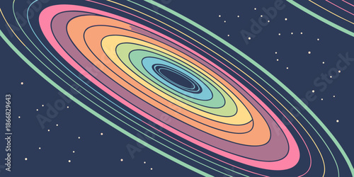 Abstract illustration depicts a colorful accretion disk swirling around a dark central singularity in deep space.