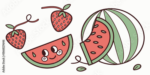 Whimsical illustration features cartoon watermelon slices and floating strawberries with happy faces on a plain background for summer fun.