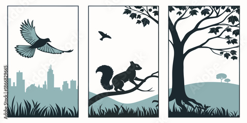Triptych illustration presents wildlife imagery including a flying bird and a squirrel in a tree above a muted blue cityscape and landscape.