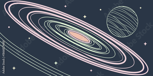 Stylized illustration depicts a planetary system or accretion disk orbiting a central stellar body against a dark cosmic background.