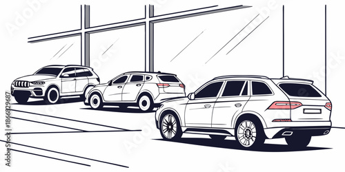 Several contemporary sport utility vehicles are parked in a modern showroom or dealership interior with large glass windows.