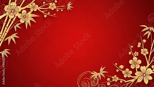 Golden plum blossom and bamboo branches on a vibrant red background for festive design