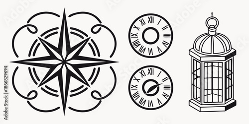 Set of navigational and timekeeping emblems featuring a decorative compass rose, two Roman numeral clock faces, and an antique lantern.