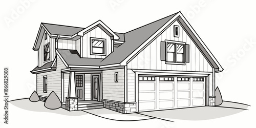 Detailed line drawing of a modern two-story suburban home featuring a prominent garage and craftsman architectural elements.