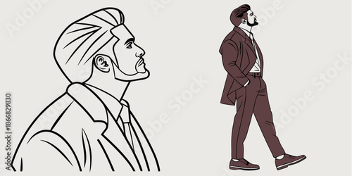 Stylish man in a suit is depicted in profile and full body illustration, suggesting confidence and ambition.