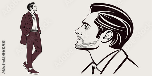 Stylish gentleman in a maroon suit stands confidently while a detailed profile illustration highlights his sharp haircut and professional demeanor.