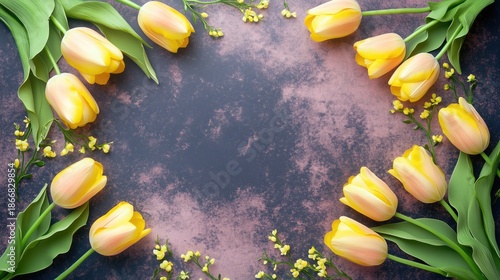 Elegant Floral Frame with Yellow Tulips and Small Yellow Flowers on a Textured Background