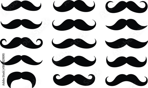 Collection of Diverse Moustache Silhouettes, Various Men's Facial Hair Styles and Shapes, Vector Set of Black Moustache Icons, vector, illustration, silhouette.