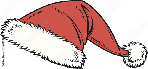 A traditional maroon Santa hat featuring fluffy white trim and a matching end pom-pom is displayed horizontally on a white surface.