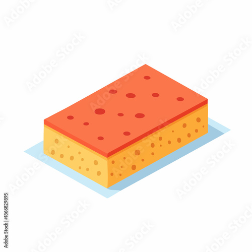 Vibrant isometric cleaning sponge featuring a porous textured surface, perfect for effective household chores and kitchen dishwashing, with an orange top layer and a yellow base