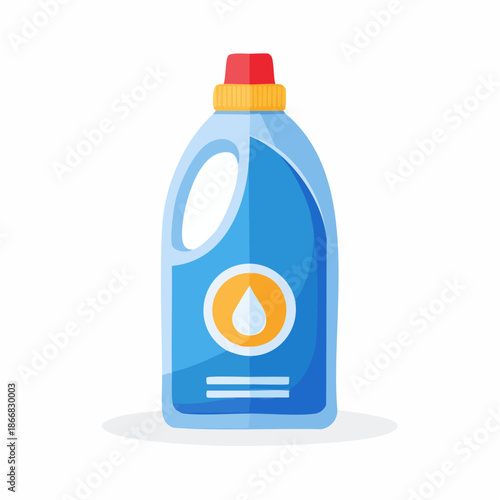 Modern flat design vector illustration of a generic blue plastic bottle, representing concentrated liquid detergent for superior cleaning and a pristine household