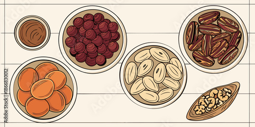 Various dried fruits and nuts are displayed in bowls on a light wooden surface for healthy snacking.