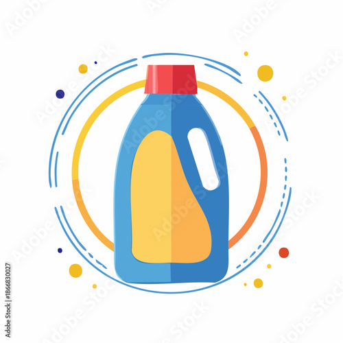 Simple illustration of a cleaning product bottle with a yellow label and red cap, surrounded by abstract colorful circles and dots