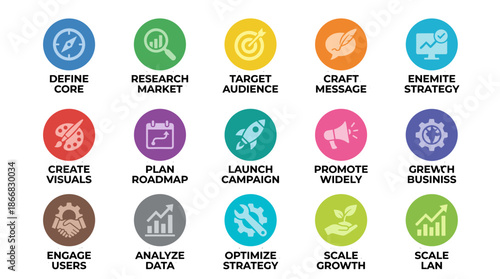 Strategy icon set in flat vector style with solid colors, including compass, magnifying glass, palette, calendar, handshake, and graph icons.