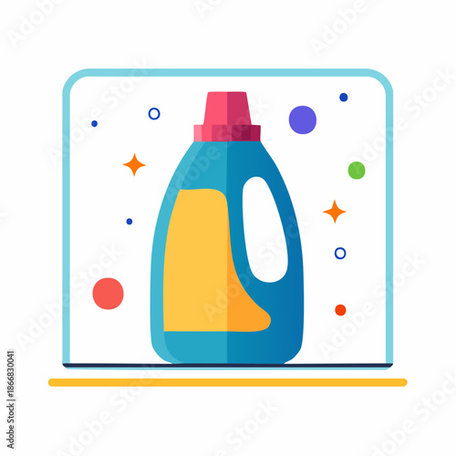 Vibrant flat design illustration of a laundry detergent bottle, symbolizing household cleaning, freshness, and hygiene for sparkling clean clothes and a pleasant home environment