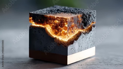 Industrial stone cube with a glowing golden core
