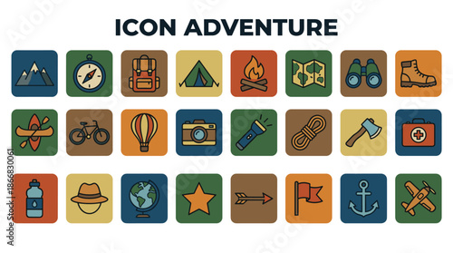 Adventure icon set featuring mountain, compass, backpack, tent, kayak, bicycle, hot air balloon, camera, water bottle, hat, globe, and star in a flat vector style with solid colors.
