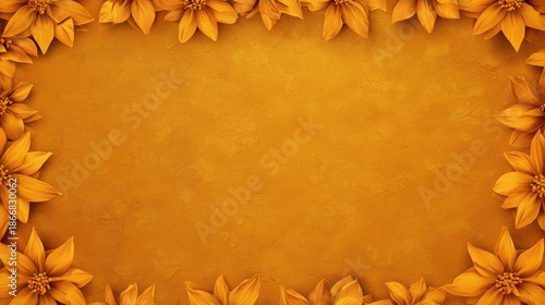 Elegant Golden Floral Border with Bright Yellow Flowers Framing a Warm Orange Backdrop for Text or Graphic Elements