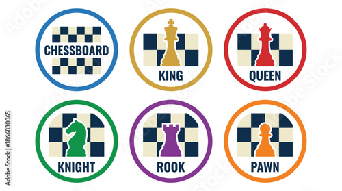 Chessboard badge set with Chessboard, Knight, and circular frames in bold sans-serif text and flat vector style, solid colors.