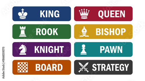 Chess pieces and board labels set in a flat vector style with solid colors, including King, Rook, Knight, and Board, on a white background.