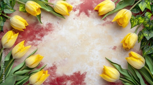 Elegant Frame of Yellow Tulips and Lush Greenery on a Soft Beige and Deep Red Textured Background