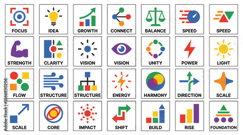 Icon set of abstract minimalism in flat vector style, featuring various concepts such as focus, idea, growth, and impact, with solid colors and bold sans serif font.