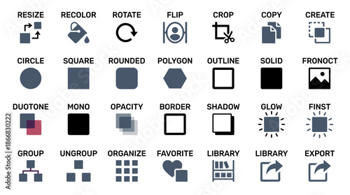 Icon set of software customization options including resize, recolor, rotate, circle, square, rounded, duotone, mono, opacity, group, ungroup, and organize, in a flat vector style.