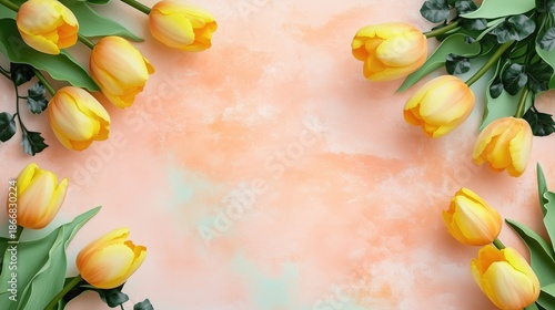 Elegant Yellow Tulip Flowers Arranged on Soft Peach and Mint Green Background with Copy Space