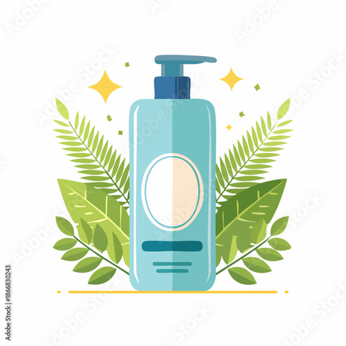 Vibrant illustration of a natural skincare lotion bottle, adorned with fresh green botanical leaves and subtle sparkles, symbolizing organic beauty and gentle daily hygiene