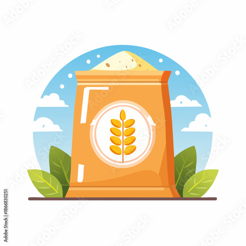 Bag of flour or grain with wheat symbol and surrounding leaves and sky, illustrating agriculture and food production