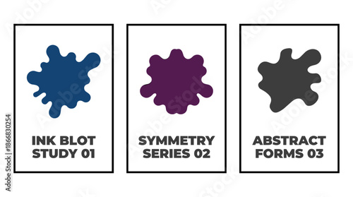 Ink blot study set with two abstract shapes in blue and purple colors, flat vector style, blank template for social media posts